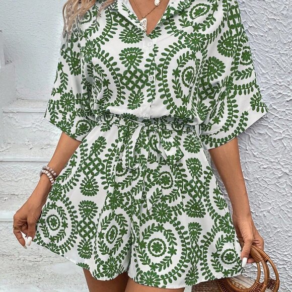 . Pants - Green Boho Ladies' Printed Leisure Vacation Batwing Sleeve Belted Romper